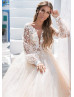 Pearl Embellished Ivory Lace Champagne Tulle Bohemian Wedding Dress